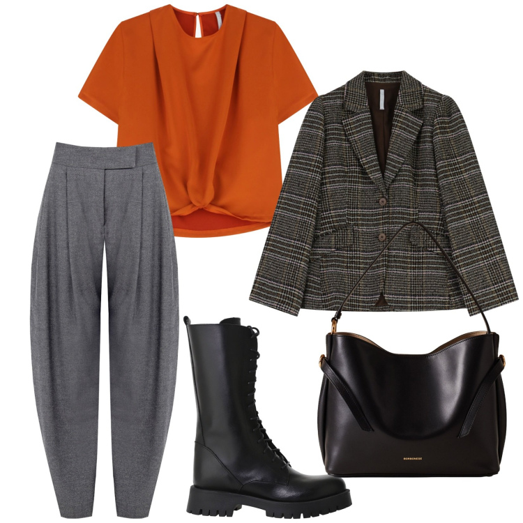 Outfit donna - Arancione. per Serata fuori. Abbinamento con pantaloni, blazer, t-shirt, stivali, borse a mano.