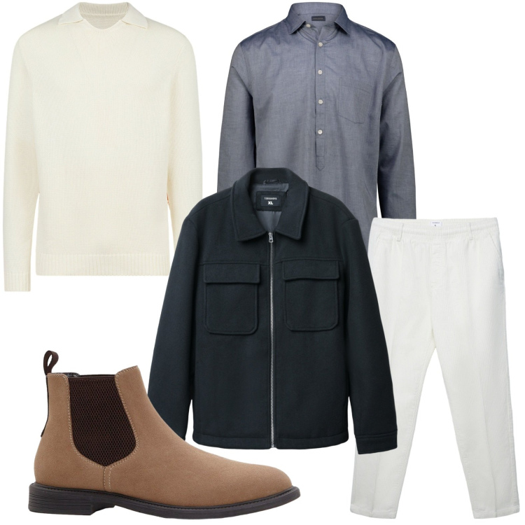 Outfit uomo - Giacca worker. Stile Trendy per Ufficio. Abbinamento con stivali e stivaletti, pantaloni, cappotti, maglieria, camicie.