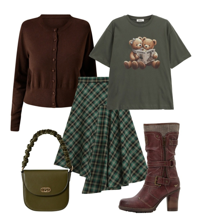 Outfit donna - Gonna a quadri e orsetti. Stile Basic per Serata fuori. Abbinamento con stivali, borse a mano, cardigans, t-shirt, gonne longuette.
