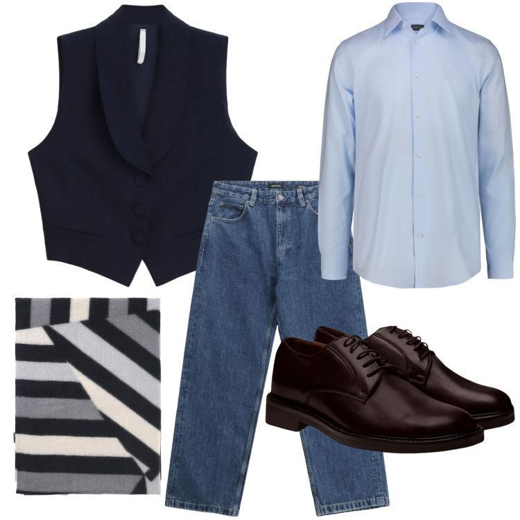 Outfit uomo - Eleganza minimalista. Stile Casual per Ufficio. Abbinamento con jeans, sciarpe, gilet, scarpe stringate, camicie.