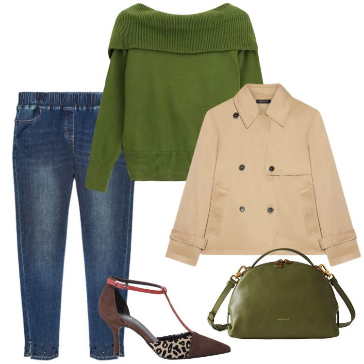 Outfit donna - Verde. per Tutti i giorni. Abbinamento con maglieria, décolleté, borse a mano, trench, jeggings.