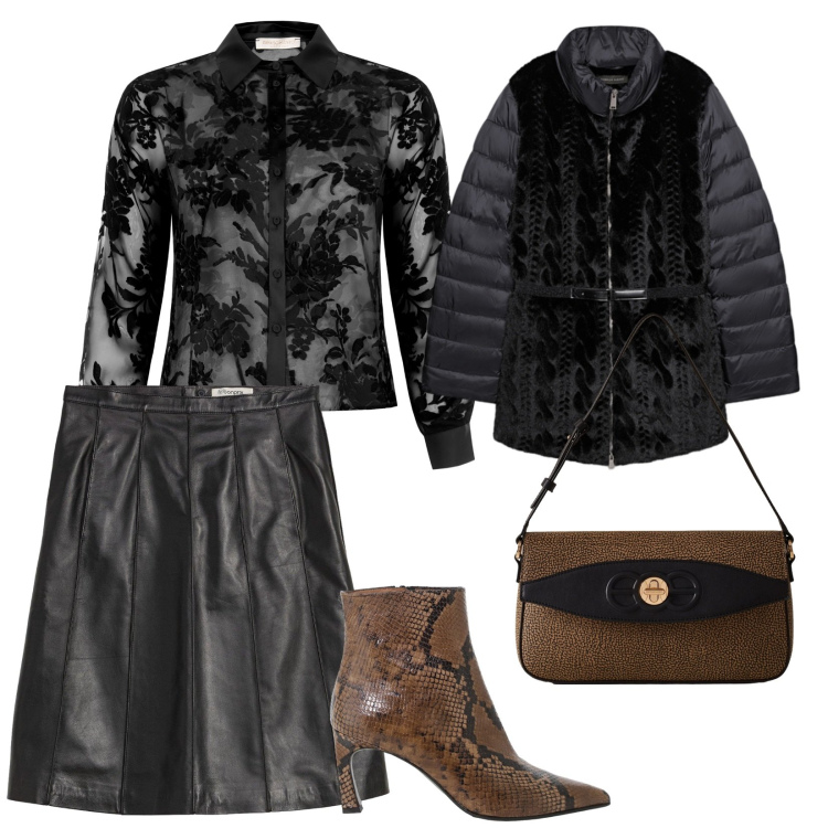 Outfit donna - Serata. per Serata fuori. Abbinamento con gonne, camicie, stivaletti, borse a spalla, piumini.