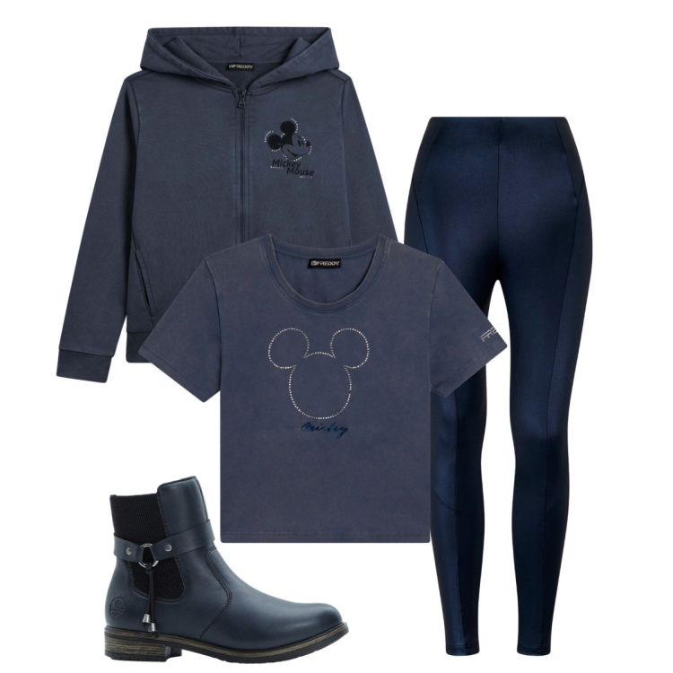 Outfit donna - Topolino. Stile Basic per Tutti i giorni. Abbinamento con stivaletti chelsea, pantaloni skinny, t-shirt, felpe con cappuccio.