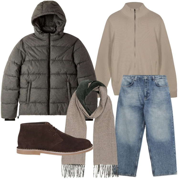 Outfit uomo - Stile dinamico. Stile Trendy per Tutti i giorni. Abbinamento con bomber, jeans, stivali e stivaletti, sciarpe, cardigans.