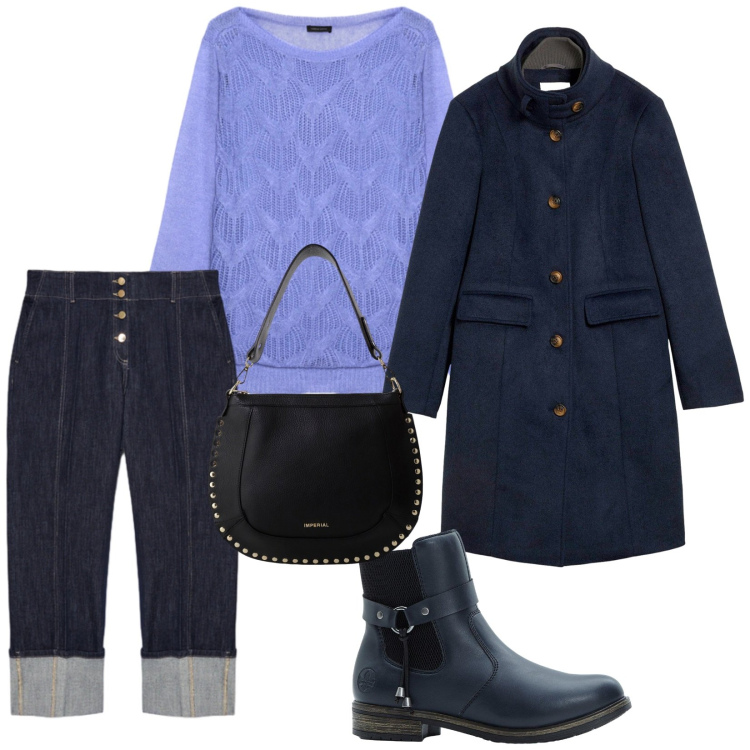 Outfit donna - Blù. per Tutti i giorni. Abbinamento con cappotti, stivaletti chelsea, borse a spalla, jeans, maglieria.