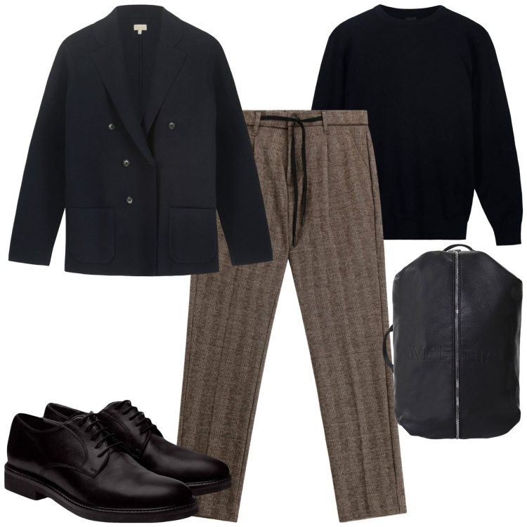 Outfit uomo - Weekend. Stile Urban per Tutti i giorni. Abbinamento con pantaloni, borse sportive, scarpe stringate, maglieria, giacche.