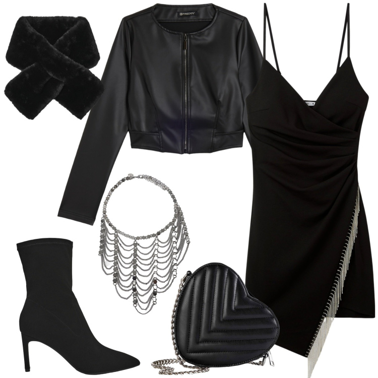 Outfit donna - Halloween Inspired. Stile Casual chic per Serata fuori. Abbinamento con borse a tracolla, sciarpe, vestiti corti, stivali, collane, giacche.