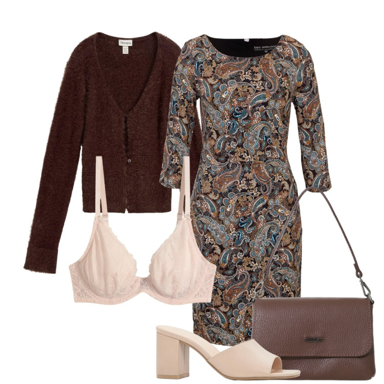 Outfit donna - Giornata speciale. Stile Bon Ton per Cerimonia. Abbinamento con cardigans, sandali col tacco, vestiti, reggiseni, borse a tracolla.