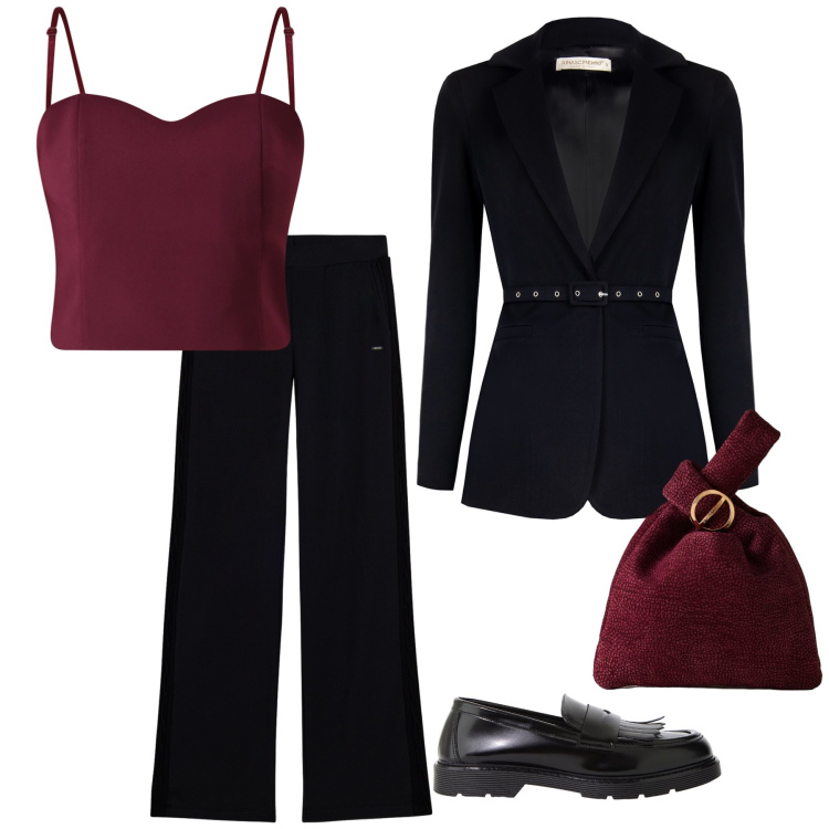 Outfit donna - Noir & Rouge. Stile Glamour per Serata fuori. Abbinamento con top, blazer, mocassini, pantaloni, borse a mano.