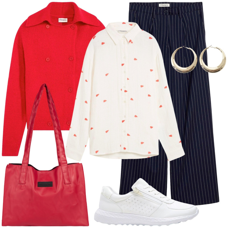 Outfit donna - Cardigan rosso. Stile Casual chic per Ufficio. Abbinamento con sneakers, camicie, cardigans, pantaloni, orecchini, shopping bag.
