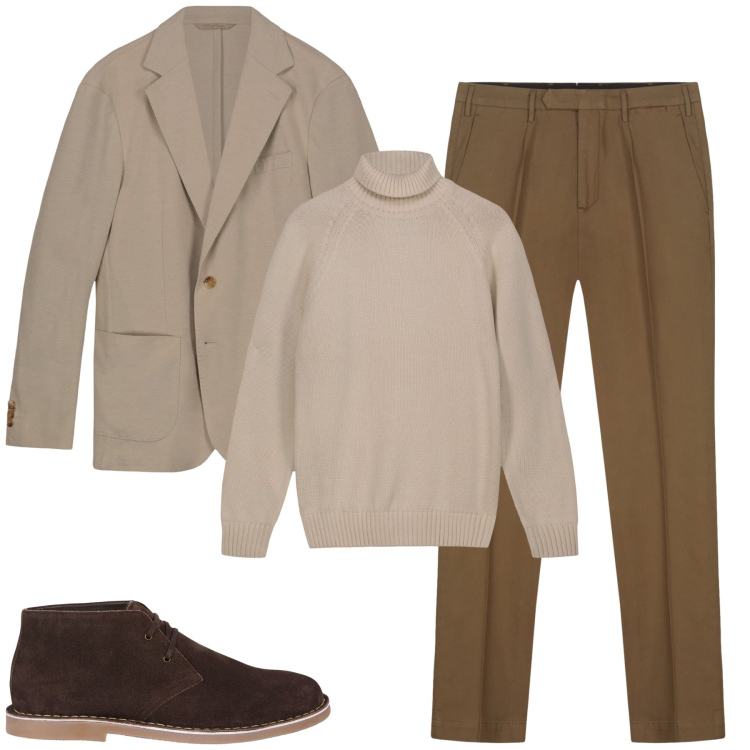 Outfit uomo - Dal marrone al beige. Stile Casual per Tutti i giorni. Abbinamento con giacche, stivali e stivaletti, pantaloni, pullovers.