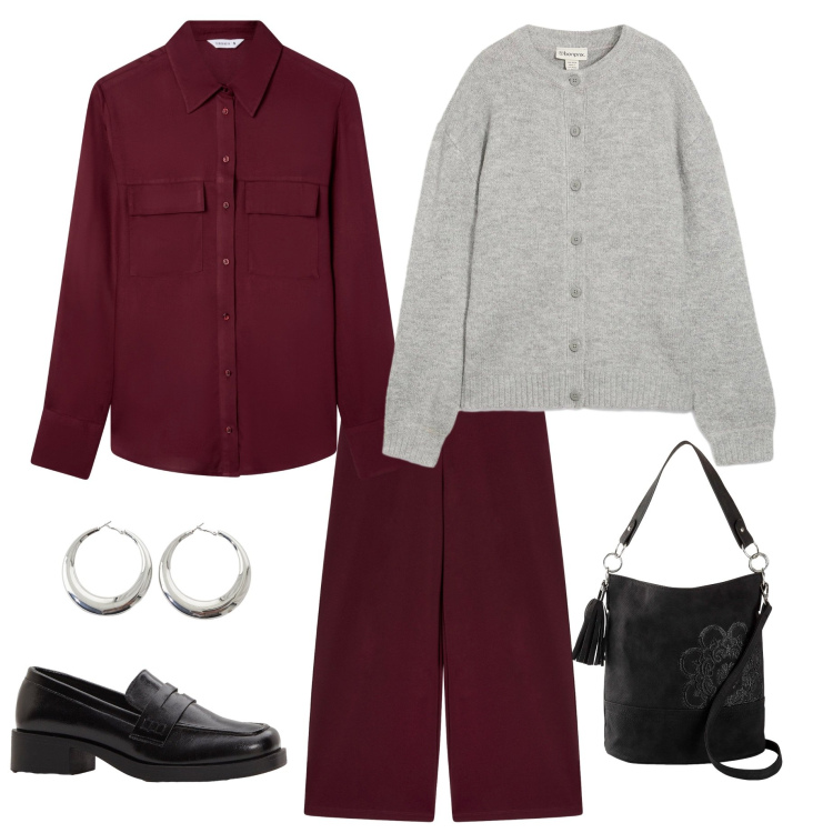 Outfit donna - Caldo cardigan. Stile Sporty chic per Ufficio. Abbinamento con borse a mano, cardigans, mocassini, camicie, pantaloni culotte, orecchini.