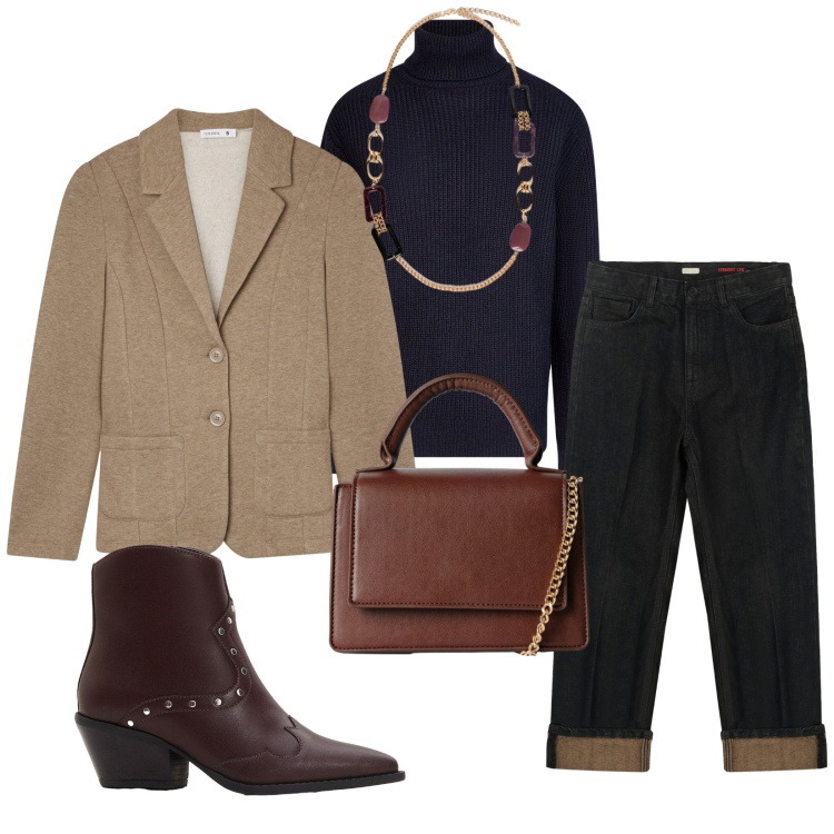 Outfit donna - Total look #2272274. Stile Casual chic per Ufficio. Abbinamento con stivaletti texani, borse a tracolla, blazer, jeans dritti, collane, maglieria.