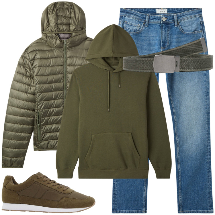 Outfit uomo - Sportivo in verde. Stile Casual per Tutti i giorni. Abbinamento con sneakers, jeans, piumini, cinture, felpe con cappuccio.