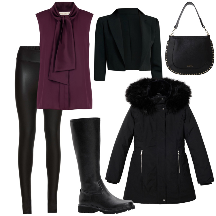 Outfit donna - Dark Style. Stile Rock per Serata fuori. Abbinamento con treggings, stivali, parka, top, bolero, borse a spalla.