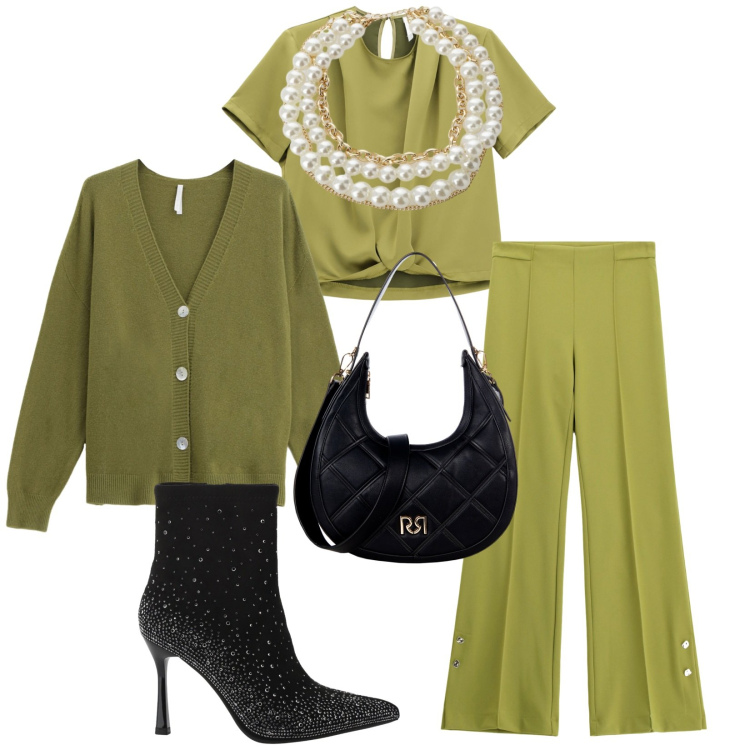 Outfit donna - Total look #2272278. Stile Casual chic per Serata fuori. Abbinamento con collane, borse a tracolla, bluse, pantaloni, stivaletti, cardigans.