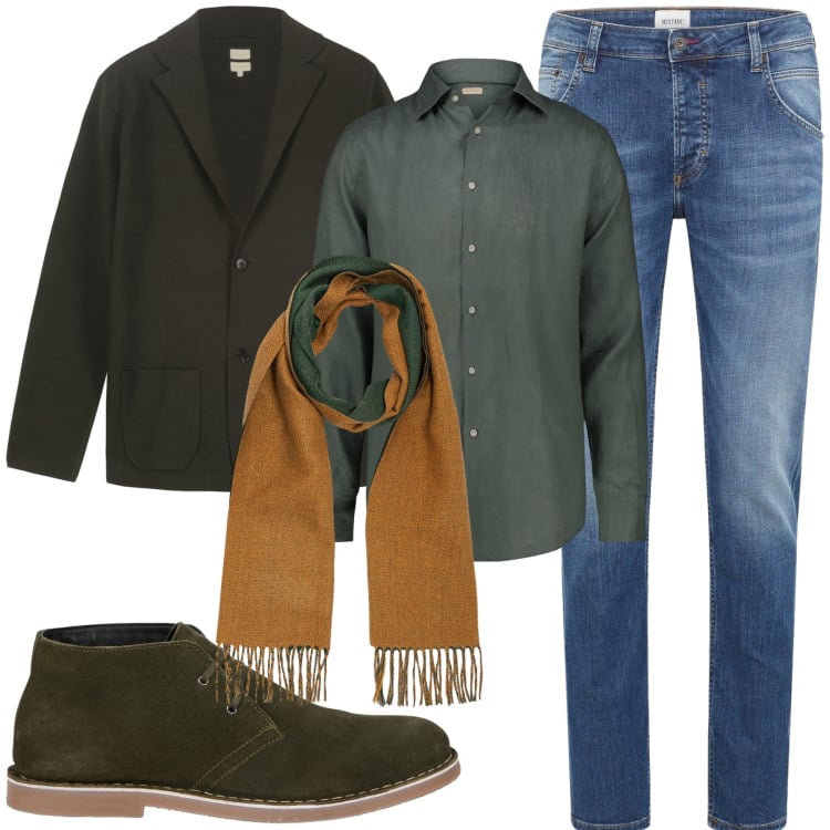 Outfit uomo - Una sciarpa che spezza. Stile Trendy per Ufficio. Abbinamento con jeans dritti, stivali e stivaletti, giacche, camicie, sciarpe.