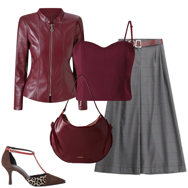 Outfit donna - Grigio e bordeaux. Stile Glamour per Serata fuori. Abbinamento con blazer, top, pantaloni, décolleté, borse a spalla.