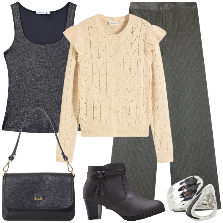 Outfit donna - Cardigan giallo!. Stile Casual chic per Ufficio. Abbinamento con stivaletti, cardigans, top, pantaloni, borse a tracolla, anelli.