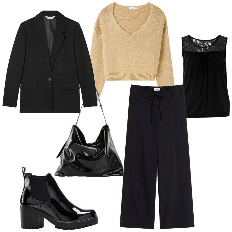 Outfit donna - Total look #2272286. Stile Urban per Tutti i giorni. Abbinamento con stivaletti, top, pantaloni a palazzo, shopping bag, maglieria, blazer.