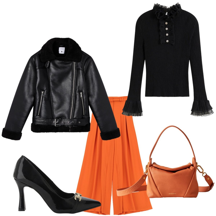 Outfit donna - Rock chic pumpking. Stile Casual chic per Serata fuori. Abbinamento con maglieria, giacche, pantaloni a palazzo, décolleté, borse a spalla.