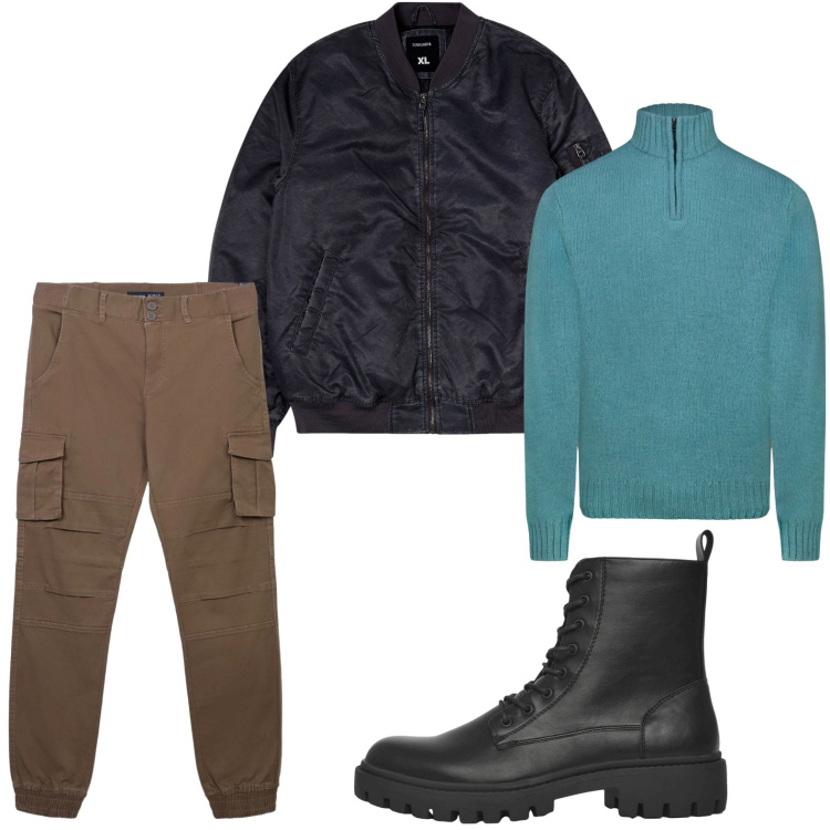 Outfit uomo - Cargo confortevoli. Stile Trendy per Tutti i giorni. Abbinamento con bomber, anfibi, pantaloni cargo, maglieria.