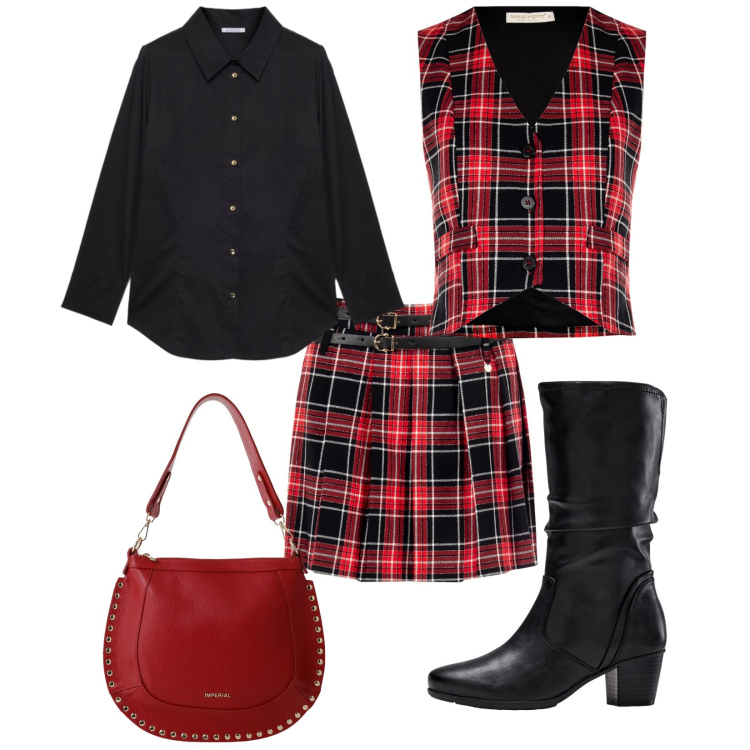 Outfit donna - Total look #2272294. Stile Vintage retrò per Serata fuori. Abbinamento con stivali, gilet, minigonne, borse a spalla, camicie.