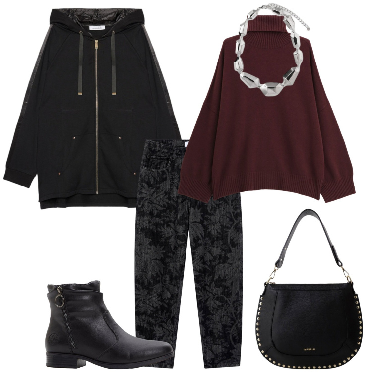 Outfit donna - Total look #2272296. Stile Casual chic per Tutti i giorni. Abbinamento con stivaletti, jeans, borse a spalla, maglieria, felpe con cappuccio, ciondoli.