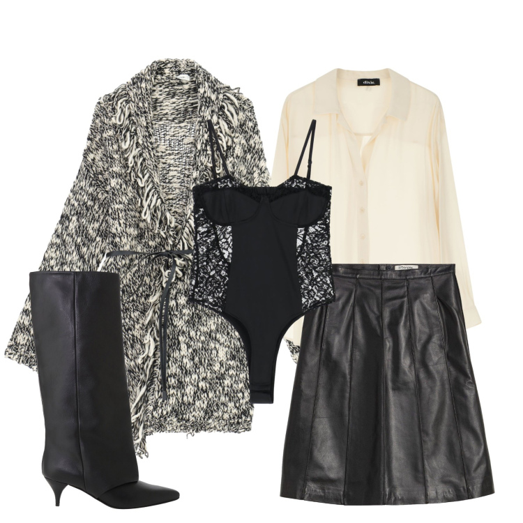 Outfit donna - Cardigan mélange. Stile Casual chic per Ufficio. Abbinamento con gonne, body, cardigans, stivali, camicie.