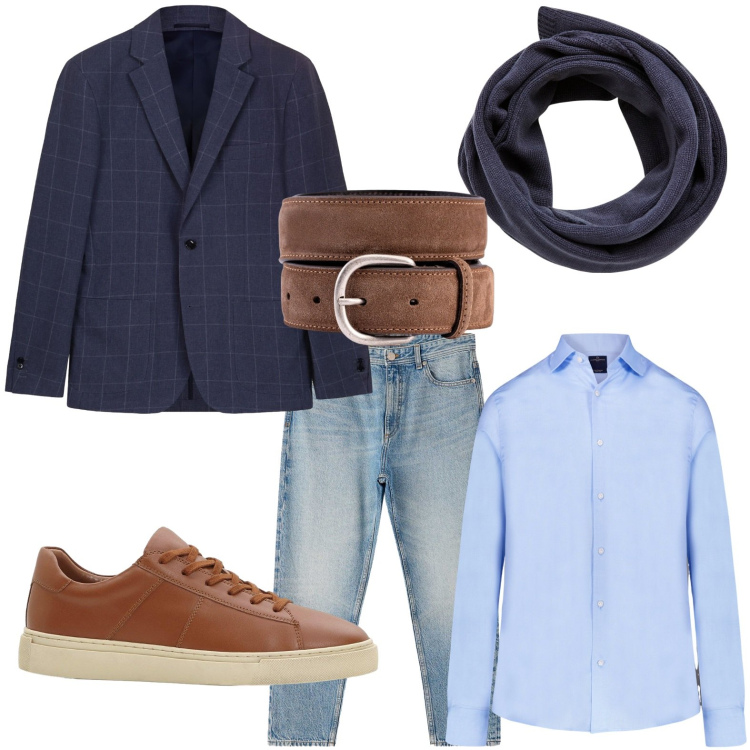 Outfit uomo - La camicia classica. Stile Trendy per Ufficio. Abbinamento con sneakers, jeans dritti, sciarpe, giacche, camicie, cinture.