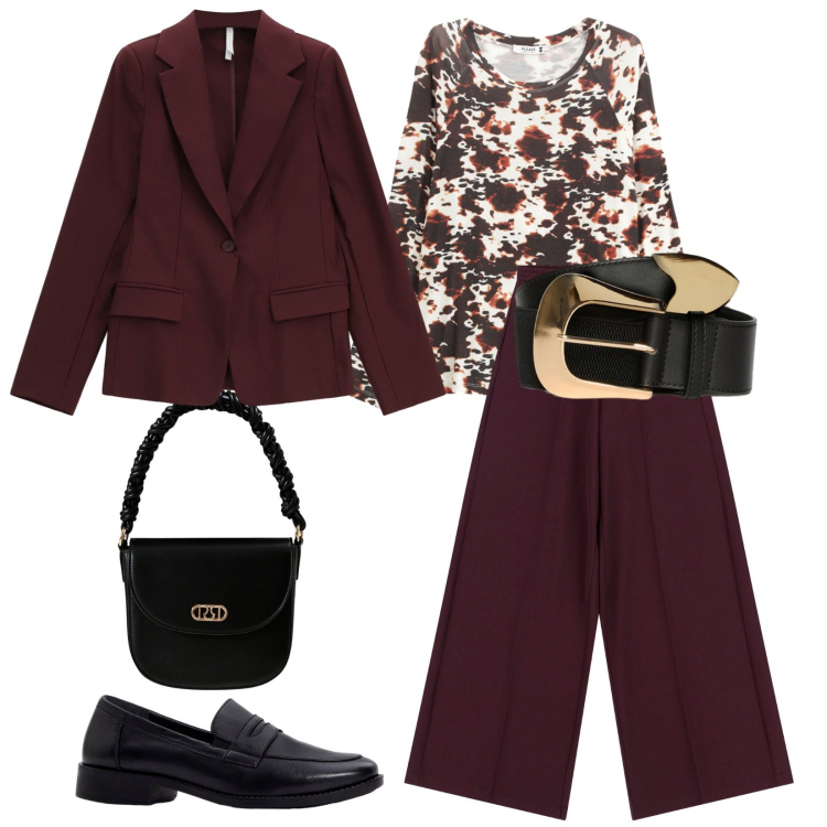 Outfit donna - Total look #2272300. Stile Casual chic per Tutti i giorni. Abbinamento con mocassini, maglieria, borse a mano, pantaloni a palazzo, blazer, cinture.