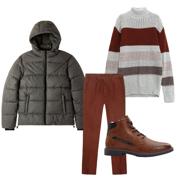 Outfit uomo - Il piumino non manca. Stile Casual per Ufficio. Abbinamento con stivali e stivaletti, bomber, maglieria, pantaloni.