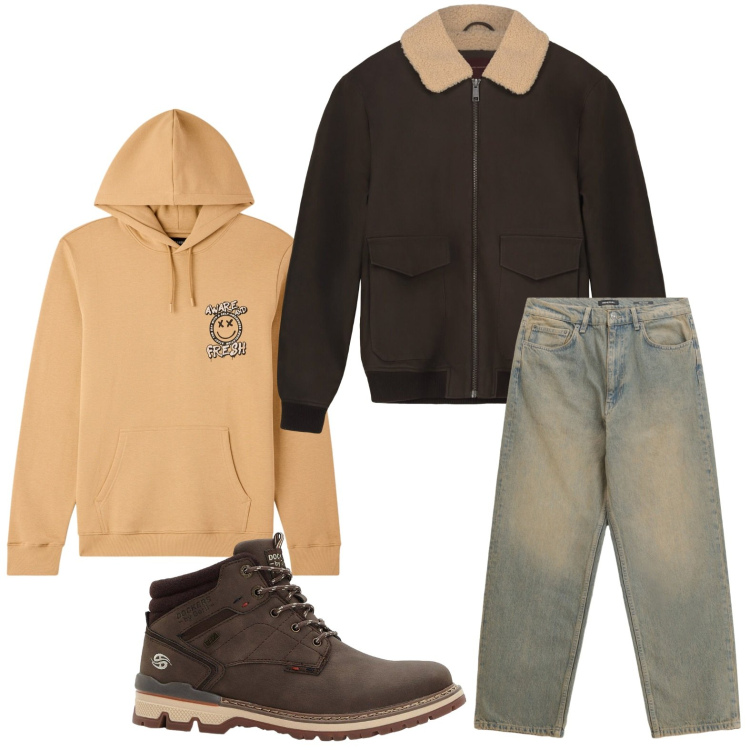 Outfit uomo - Jeans basic. Stile Casual per Tutti i giorni. Abbinamento con stivali e stivaletti, felpe con cappuccio, jeans, bomber.