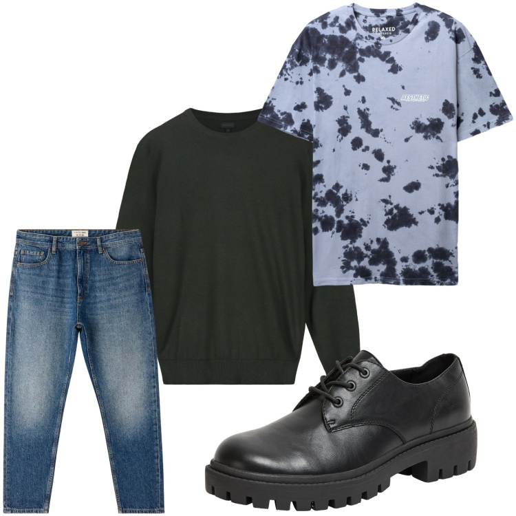 Outfit uomo - Attenzione alla comodità. Stile Trendy per Serata speciale. Abbinamento con scarpe stringate, jeans, t-shirt, maglieria.