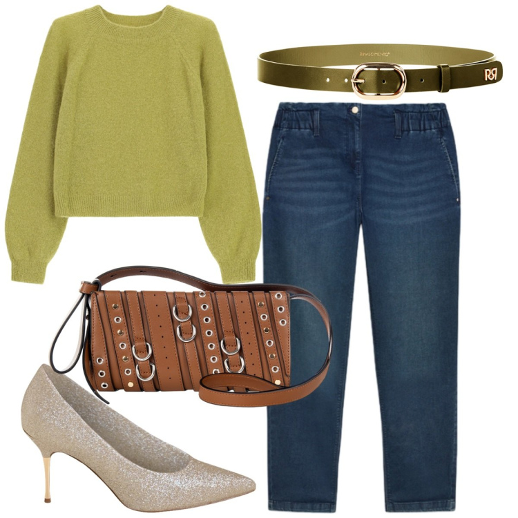 Outfit donna - ###. Stile Trendy per Tutti i giorni. Abbinamento con borse a spalla, cinture, décolleté, maglieria, jeans.