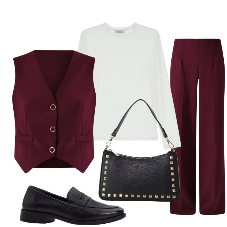 Outfit donna - Bordeaux evergreen. Stile Casual chic per Scuola/Università. Abbinamento con mocassini, pantaloni a palazzo, gilet, pochette, t-shirt.