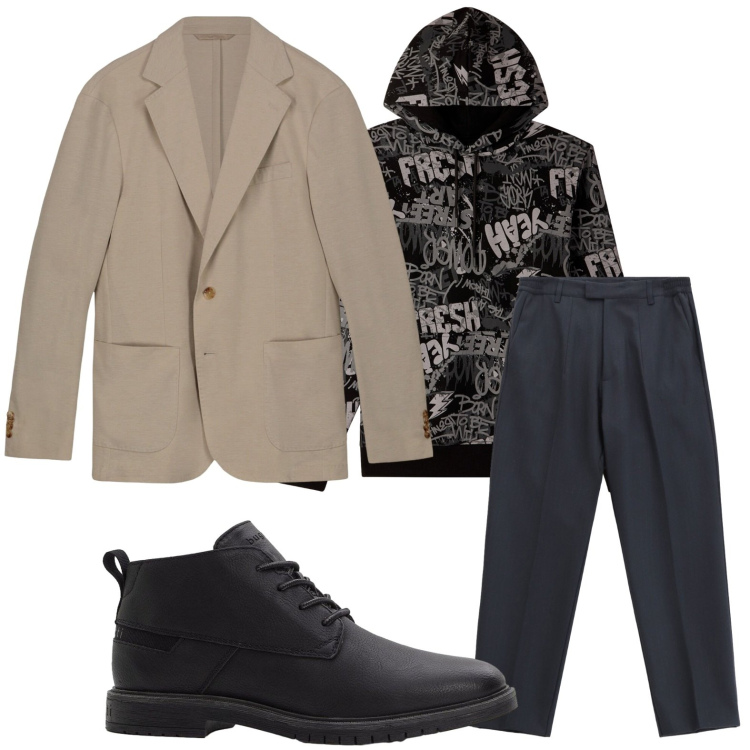 Outfit uomo - Informale style. Stile Casual per Serata speciale. Abbinamento con stivali e stivaletti, felpe con cappuccio, pantaloni, giacche.