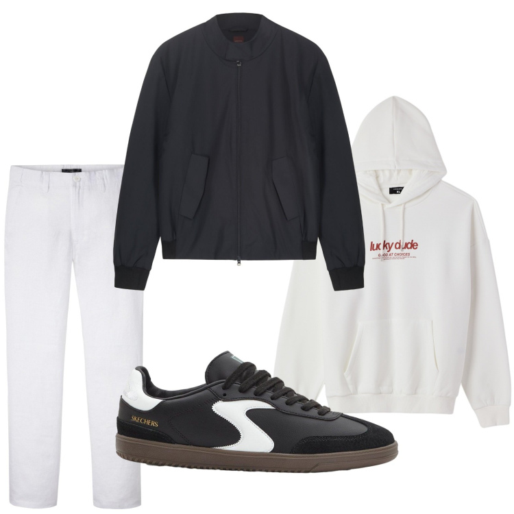 Outfit uomo - Colori rassicuranti. Stile Casual per Tutti i giorni. Abbinamento con pantaloni, sneakers, felpe con cappuccio, bomber.