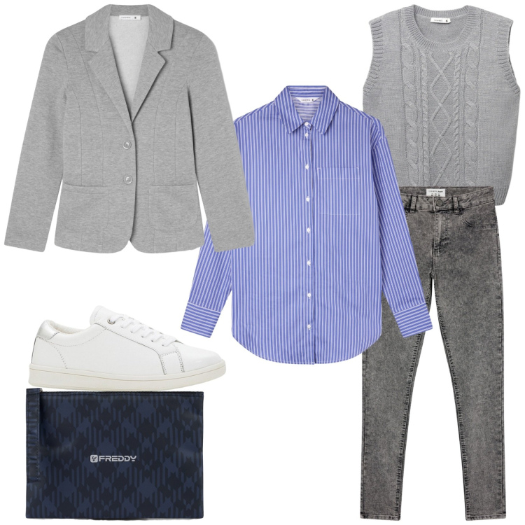 Outfit donna - Total look #2272321. Stile Casual per Tutti i giorni. Abbinamento con sneakers, blazer, maglieria, camicie, jeggings, clutch.