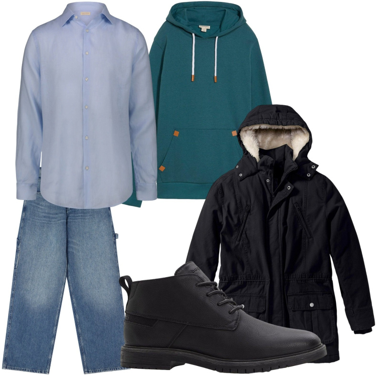 Outfit uomo - Ufficio ibrido. Stile Casual per Ufficio. Abbinamento con parka, stivali e stivaletti, felpe con cappuccio, jeans, camicie.
