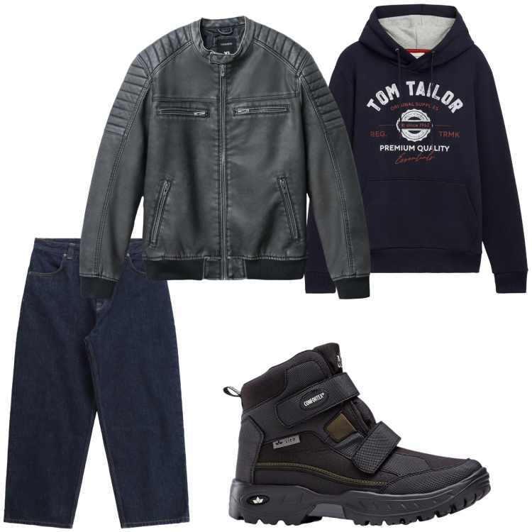 Outfit uomo - Dipendenza noir. Stile Trendy per Tutti i giorni. Abbinamento con stivali e stivaletti, felpe con cappuccio, giacche, jeans.