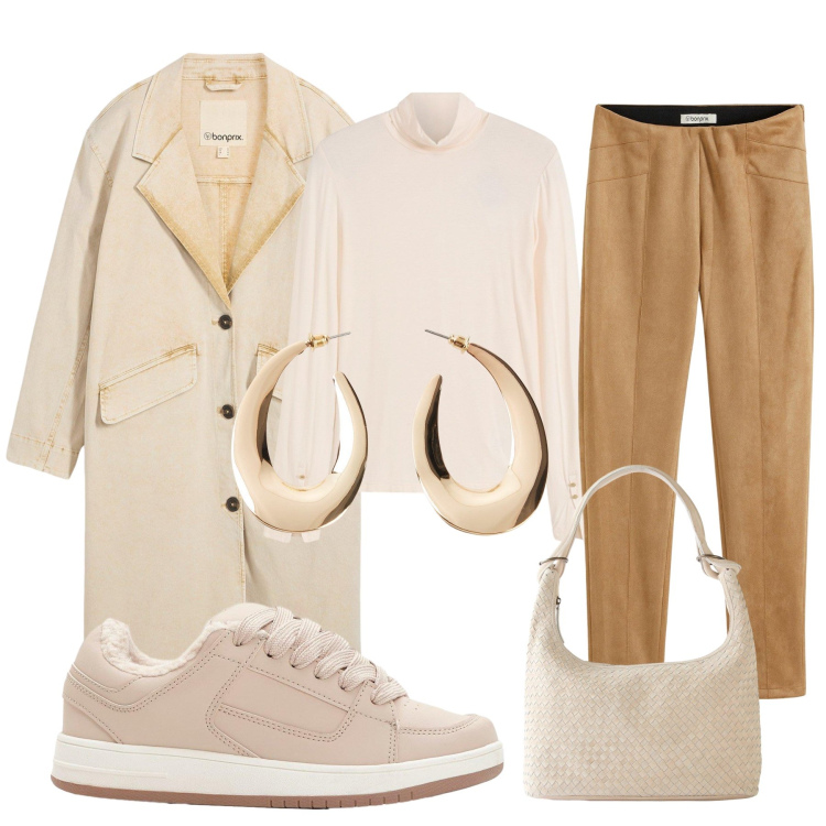 Outfit donna - Cappuccino. Stile Casual chic per Tutti i giorni. Abbinamento con pantaloni, orecchini, trench, shopping bag, maglieria, sneakers.