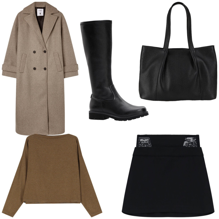 Outfit donna - Serata tra amici. Stile Casual chic per Serata fuori. Abbinamento con shopping bag, stivali, cappotti, maglieria, minigonne.