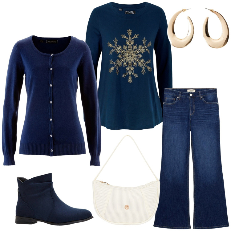 Outfit donna - Total look #2272329. Stile Casual per Tutti i giorni. Abbinamento con cardigans, stivaletti, maglieria, orecchini, jeans a zampa, borse a mano.