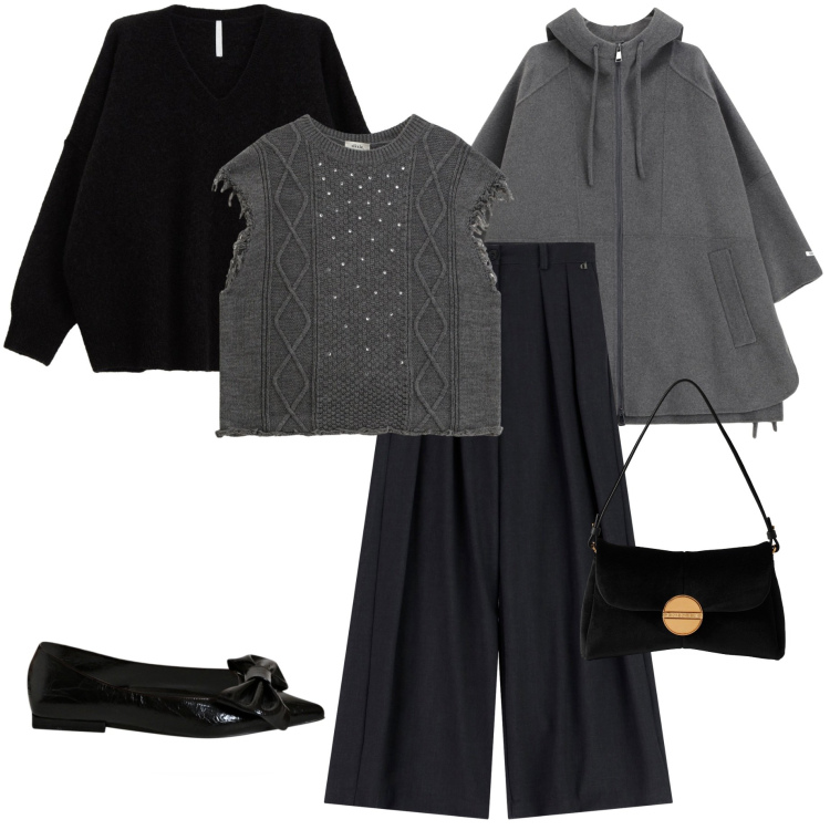 Outfit donna - Grigio e nero. Stile Casual chic per Tutti i giorni. Abbinamento con cappotti, pantaloni a palazzo, maglieria, borse a tracolla, ballerine, maglieria.