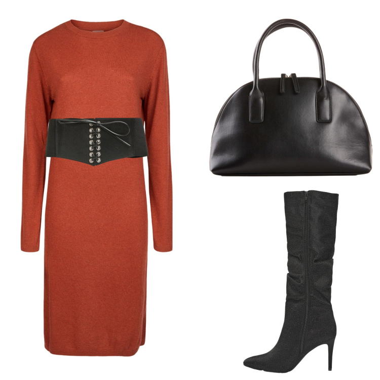 Outfit donna - Zucca. Stile Minimal per Tutti i giorni. Abbinamento con shopping bag, cinture, stivali, vestiti midi/longuette.