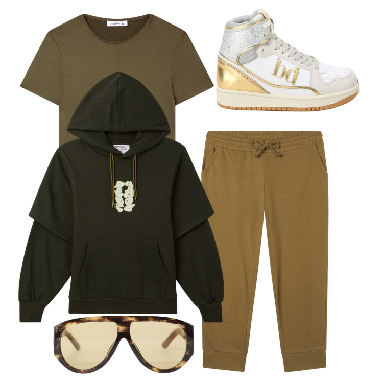 Outfit donna - Tinte d’autunno. Stile Urban Abbinamento con felpe con cappuccio, t-shirt, pantaloni, sneakers alte, occhiali da sole.