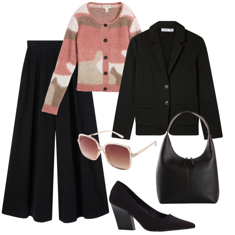 Outfit donna - Total look H24. Stile Glamour per Tutti i giorni. Abbinamento con cardigans, décolleté, occhiali da sole, shopping bag, pantaloni, blazer.