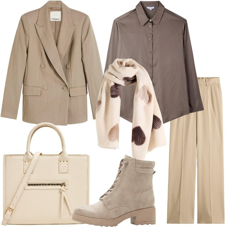 Outfit donna - Casual chic ottobre. Stile Casual chic per Ufficio. Abbinamento con pantaloni, blazer, stivaletti, sciarpe, shopping bag, camicie.