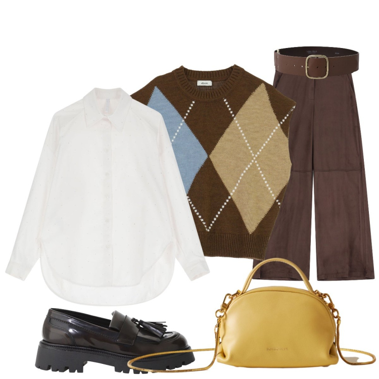 Outfit donna - Preppy. Stile Preppy per Tutti i giorni. Abbinamento con borse a mano, cinture, mocassini, pantaloni a palazzo, gilet, camicie.